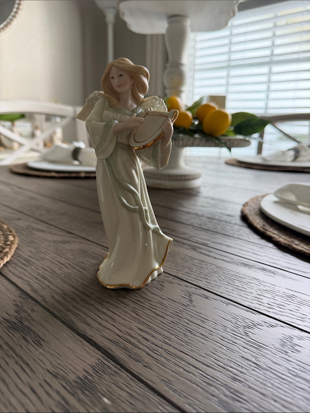 Lennox Porcelain Angel Figurine with Harp - Cream & Gold Accents